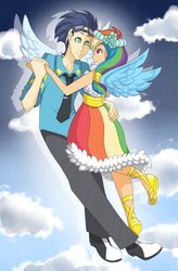 Size: 724x1104 | Tagged: safe, artist:ssenarrya, rainbow dash, soarin', human, g4, clothes, dress, female, gala dress, humanized, male, ship:soarindash, shipping, straight, winged humanization