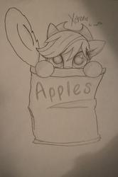 Size: 1958x2956 | Tagged: safe, artist:xchan, applejack, g4, can, cute, female, jackabetes, looking at you, monochrome, peeking, pencil drawing, solo, soon, tiny ponies, traditional art