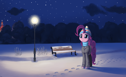 Size: 3200x1947 | Tagged: safe, artist:mrscroup, pinkie pie, earth pony, pony, g4, bench, clothes, cloud, cute, diapinkes, female, hat, lamppost, mare, night, sad, scarf, snow, solo, stars, winter