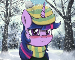 Size: 1636x1309 | Tagged: safe, artist:mrscroup, twilight sparkle, pony, unicorn, :3, blushing, clothes, female, hat, looking at you, park, scarf, smiling, snow, snowfall, solo, tree, winter