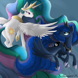 Size: 3000x3000 | Tagged: safe, artist:dreamyartcosplay, princess celestia, princess luna, g4, duo, flying, high res, long mane, long tail, looking at each other, looking at someone, royal sisters, siblings, sisters, spread wings, tail, wings