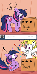 Size: 750x1500 | Tagged: safe, artist:lustrous-dreams, surprise, twilight sparkle, ask filly twilight, g1, g4, ask, box, filly, tumblr, younger