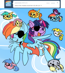 Size: 750x845 | Tagged: safe, artist:lustrous-dreams, derpy hooves, firefly, fluttershy, rainbow dash, spitfire, sunshower raindrops, surprise, twilight sparkle, pegasus, pony, unicorn, ask filly twilight, g1, g4, ask, chubbie, clothes, ear piercing, eyepatch, female, filly, fluttershy riding rainbow dash, flying, mare, piercing, pirate, pirate dash, ponies riding ponies, riding, tumblr, twilight riding rainbow dash, younger