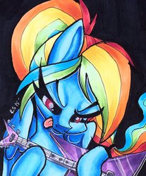 Size: 400x482 | Tagged: safe, artist:tinyunicornfarm, rainbow dash, g4, electric guitar, female, guitar, musical instrument, solo, tongue out, traditional art