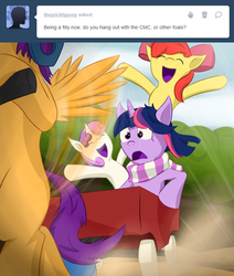 Size: 500x591 | Tagged: safe, artist:lustrous-dreams, apple bloom, scootaloo, sweetie belle, twilight sparkle, ask filly twilight, g4, ask, cutie mark crusaders, filly, scooter, tumblr, younger