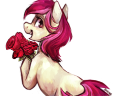 Size: 1294x989 | Tagged: safe, artist:johling, roseluck, earth pony, pony, g4, female, flower, hoof hold, looking at you, looking back, looking back at you, mare, open mouth, open smile, rose, simple background, smiling, solo, transparent background