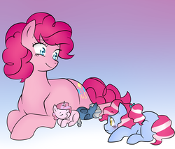 Size: 1400x1200 | Tagged: safe, artist:kianamai, artist:mutant-girl013, color edit, edit, pinkie pie, oc, oc:cloudy skies, oc:cotton candy, oc:sugar rush, kilalaverse, g4, colored, female, filly, foal, gradient background, mother and daughter, newborn, next generation, offspring, parent:pinkie pie, parent:pokey pierce, parents:pokeypie, sisters