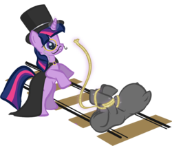 Size: 789x670 | Tagged: safe, artist:signupfree, twilight sparkle, pony, unicorn, g4, anon pony, cape, clothes, commission, dastardly whiplash, evil, female, glowing, glowing horn, hat, horn, magic, magic aura, monocle, moustache, peril, pure unfiltered evil, rope, solo, telekinesis, tied to tracks, tied up, top hat, train tracks, unicorn twilight, your character here