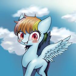 Size: 1024x1024 | Tagged: safe, artist:unousaya, rainbow dash, g4, alternate hairstyle, blushing, cloud, cloudy, female, sky, solo