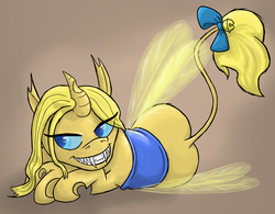 Size: 1024x800 | Tagged: safe, artist:bingodingo, oc, oc only, oc:rind, changeling, bell, bow, fangs, female, fleshsearing teeth, grin, prone, smiling, solo, yellow changeling