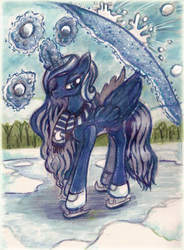 Size: 438x594 | Tagged: safe, artist:swallowchaser, princess luna, g4, clothes, female, ice skating, magic, scarf, shield, snow, snowball, snowball fight, solo, telekinesis