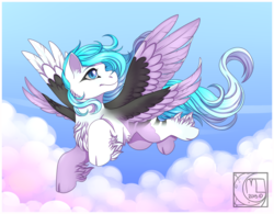 Size: 1280x1000 | Tagged: safe, artist:little-noko, oc, oc only, pony, cheek fluff, chest fluff, cloud, cloven hooves, colored wings, digital art, double wings, female, flying, gradient tail, hoof fluff, mare, multiple wings, signature, sky, solo, spread wings, two toned wings, unshorn fetlocks, windswept mane, wings