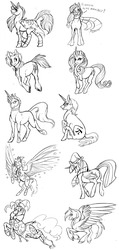 Size: 961x2024 | Tagged: safe, artist:crimsonpencil94, applejack, pinkie pie, rarity, trixie, twilight sparkle, oc, alicorn, pony, g4, clothes, dialogue, female, italian, jester, mare, monochrome, scarf, traditional art, twilight sparkle (alicorn)