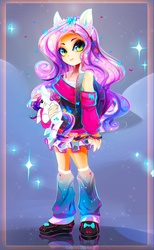 Size: 1218x1976 | Tagged: safe, artist:koveliana, rarity, sweetie belle, human, g4, chromatic aberration, clothes, color porn, eared humanization, female, humanized, plushie, ponied up, pony ears, solo