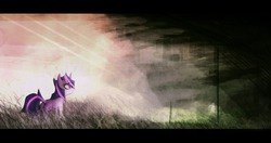 Size: 1280x677 | Tagged: safe, artist:crutonart, twilight sparkle, g4, female, grass, outdoors, solo, storm