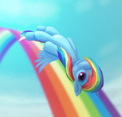 Size: 600x575 | Tagged: safe, artist:siegahertz, rainbow dash, g4, female, flying, hair over one eye, rainbow, solo