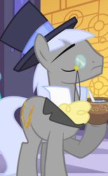 Size: 433x704 | Tagged: safe, screencap, caesar, count caesar, earth pony, pony, the best night ever, background pony, cropped, cup, eyes closed, hat, male, monocle, solo, stallion, top hat