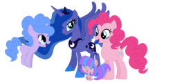 Size: 1024x494 | Tagged: safe, artist:unoriginai, pinkie pie, princess luna, oc, earth pony, pony, unicorn, g4, baby, baby pony, cute, family, female, filly, magical lesbian spawn, offspring, parent:pinkie pie, parent:princess luna, parents:lunapie, ship:lunapie, simple background, transparent background