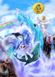 Size: 1500x2100 | Tagged: safe, artist:miradge, berry punch, berryshine, lightning bolt, sea swirl, seafoam, white lightning, dolphin, pegasus, pony, g4, female, mare, wat