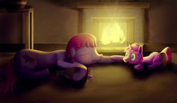 Size: 1200x700 | Tagged: safe, artist:subjectnumber2394, berry punch, berryshine, ruby pinch, g4, alcohol, blushing, bottle, drunk, fire, fireplace, mother and daughter, passed out, sleeping, wine