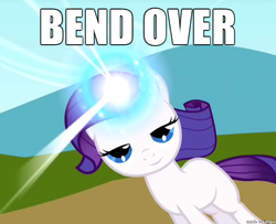 Size: 610x496 | Tagged: safe, edit, edited screencap, screencap, rarity, g4, bedroom eyes, bend over, caption, female, filly, filly rarity, implied foalcon, inverted mouth, younger