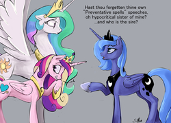 Size: 1750x1250 | Tagged: safe, artist:silfoe, princess cadance, princess celestia, princess luna, alicorn, pony, fanfic:a joke too far, royal sketchbook, g4, alicorn triarchy, concave belly, dialogue, discussion in the comments, female, folded wings, frown, grammar error, grin, height difference, hoof on chin, laughing, looking at each other, looking back, mare, misunderstanding, open mouth, pointing, raised hoof, s1 luna, simple background, slender, smiling, spread wings, standing, thin, trio, wide eyes, wings, ye olde butcherede englishe, ye olde english