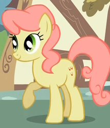 Size: 386x449 | Tagged: safe, screencap, gala appleby, earth pony, pony, g4, green isn't your color, apple family member, background pony, cropped, female, mare, raised hoof, smiling, solo