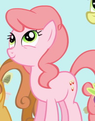 Size: 609x777 | Tagged: safe, screencap, apple strudely, ginger gold, pink lady, earth pony, pony, friendship is magic, g4, apple family member, background pony, character named in the comments, cropped, female, mare, name suggestion in the comments, pink, smiling, solo focus