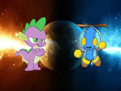 Size: 1024x768 | Tagged: safe, spike, chao, g4, crossover, exploitable meme, meme, omochao, sonic the hedgehog (series), vs