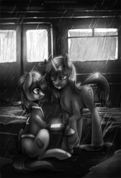 Size: 683x1000 | Tagged: safe, artist:limreiart, part of a set, oc, oc only, oc:homage, oc:littlepip, pony, unicorn, fallout equestria, bedroom eyes, black and white, chest fluff, clothes, cutie mark, fanfic, fanfic art, female, grayscale, grin, hoof fluff, hooves, horn, jumpsuit, lesbian, mare, monochrome, oc x oc, pipboy, pipbuck, rain, raised hoof, ship:pipmage, shipping, sitting, smiling, standing, vault suit, wet mane
