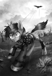 Size: 683x1000 | Tagged: safe, artist:limreiart, part of a set, oc, oc only, oc:calamity, oc:littlepip, pegasus, pony, unicorn, fallout equestria, clothes, dead tree, dirty, fanfic, fanfic art, female, grayscale, horn, jacket, male, mare, monochrome, pipboy, pipbuck, stallion, this will end in tears, tree, wasteland