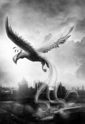 Size: 683x1000 | Tagged: safe, artist:limreiart, part of a set, oc, oc only, oc:pyrelight, balefire phoenix, phoenix, fallout equestria, grayscale, monochrome, solo