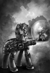 Size: 683x1000 | Tagged: safe, artist:limreiart, part of a set, oc, oc only, oc:steelhooves, alicorn, earth pony, pony, fallout equestria, armor, artificial alicorn, fanfic, fanfic art, force field, glowing horn, grayscale, gun, hooves, horn, magic, male, minigun, monochrome, power armor, powered exoskeleton, spread wings, stallion, steel ranger, weapon, wings