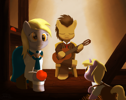 Size: 1350x1080 | Tagged: safe, artist:firefoxproject, derpy hooves, dinky hooves, doctor whooves, time turner, pegasus, pony, g4, apple, bioshock infinite, booker dewitt, crossover, elizabeth, elizabeth comstock, female, guitar, mare