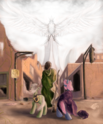 Size: 1000x1200 | Tagged: safe, artist:phiktorial, lyra heartstrings, star swirl the bearded, human, roc, fanfic:the last human, g4, fanfic, fanfic art, post-apocalyptic, ruins, the white roc