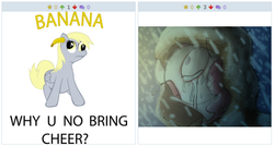 Size: 515x276 | Tagged: safe, derpy hooves, princess celestia, pegasus, pony, derpibooru, g4, banana, charlie the unicorn, crying, exploitable meme, female, juxtaposition, juxtaposition win, mare, meme, meta, reference, y u no