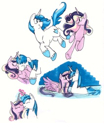 Size: 1852x2180 | Tagged: safe, artist:frankilew, princess cadance, shining armor, alicorn, pony, unicorn, g4, :t, boop, colored hooves, cuddling, cute, eye contact, eyes closed, female, floppy ears, glowing horn, happy, horn, horns are touching, kissing, magic, male, mare, married, married couple, married couples doing married things, married life, missing accessory, noseboop, nuzzling, on back, open mouth, pegaduck, prone, running, ship:shiningcadance, shipping, simple background, smiling, snuggling, spread wings, stallion, straight, swimming, talking, traditional art, underhoof, unshorn fetlocks, water, wet mane, white background