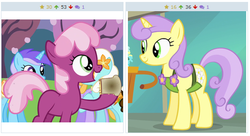 Size: 514x280 | Tagged: safe, screencap, cheerilee, diamond mint, drizzle, serena, sunshine petals, derpibooru, g4, my little pony: friendship is magic, pinkie pride, background pony, blank flank, cheese, cheese sandwich (food), exploitable meme, filly, flower, juxtaposition, juxtaposition win, meme, meta, sandwich, tree, younger