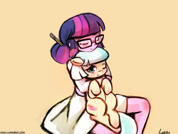 Size: 960x720 | Tagged: safe, artist:lumineko, coco pommel, sci-twi, twilight sparkle, equestria girls, g4, 30 minute art challenge, crossover, eyes closed, glasses, hug, smiling