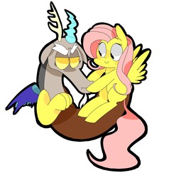 Size: 3648x3840 | Tagged: safe, artist:waackery, discord, fluttershy, draconequus, pegasus, pony, g4, chibi, cute, discute, female, high res, looking at each other, male, mare, missing cutie mark, outline, ship:discoshy, shipping, shyabetes, simple background, sitting, sitting on person, smiling, spread wings, straight, white background, why the long face, wings