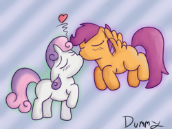 Size: 2400x1800 | Tagged: safe, artist:php26, scootaloo, sweetie belle, pegasus, pony, unicorn, g4, duo, female, filly, foal, kissing, lesbian, raised hoof, ship:scootabelle, shipping, signature