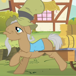 Size: 409x409 | Tagged: safe, screencap, mr. greenhooves, earth pony, pony, feeling pinkie keen, g4, elderly, hay, hay bale, male, solo, stallion, walking