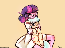 Size: 960x720 | Tagged: safe, artist:lumineko, coco pommel, sci-twi, twilight sparkle, earth pony, pony, equestria girls, g4, cocobetes, cuddling, cute, eyes closed, glasses, holding a pony, hug, smiling, snuggling, twiabetes