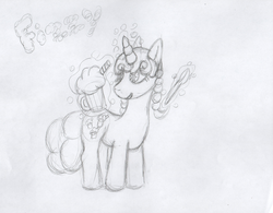 Size: 3209x2509 | Tagged: safe, artist:waterspirit12, fizzy, pony, unicorn, g1, drink, female, high res, magic, mare, monochrome, solo, spoon, straw, traditional art