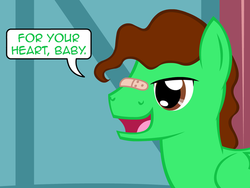 Size: 640x480 | Tagged: safe, artist:aha-mccoy, oc, oc only, oc:dick, pegasus, pony, nopony-ask-mclovin, bandaid, bandaid on nose, flirting, male, offscreen character, solo, speech bubble, stallion, text