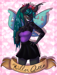 Size: 1280x1687 | Tagged: dead source, safe, artist:fatcakes, queen chrysalis, changeling, changeling queen, anthro, g4, blushing, clothes, dress, female, hand on hip, killer queen, skirt, solo, wink