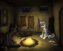 Size: 3002x2410 | Tagged: safe, artist:nukechaser, oc, oc only, pony, unicorn, a dark room, campfire, fire, forest, fur, high res, night, post-apocalyptic, room, wood