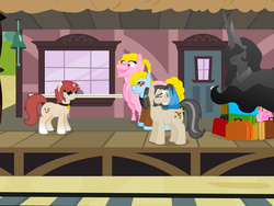 Size: 640x480 | Tagged: safe, artist:aha-mccoy, oc, oc only, oc:anonlestia, oc:corel, oc:helga starkehuf, oc:ross mclovin, oc:tony starkehuf, earth pony, pony, unicorn, nopony-ask-mclovin, collar, female, gradient hooves, luggage, male, mare, stallion, suitcase