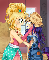 Size: 900x1106 | Tagged: safe, artist:lucy-tan, applejack, rarity, human, g4, applejewel, bare shoulders, clothes, dress, evening gloves, female, horn, horned humanization, humanized, lesbian, rarihick, ship:rarijack, shipping, sleeveless, strapless, tail, tail hole, tailed humanization