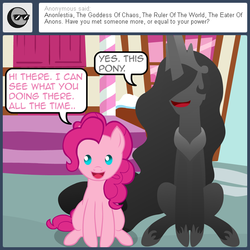 Size: 540x540 | Tagged: safe, artist:aha-mccoy, pinkie pie, oc, oc:anonlestia, nopony-ask-mclovin, g4, ask, breaking the fourth wall, dialogue, looking at you, speech bubble, tumblr
